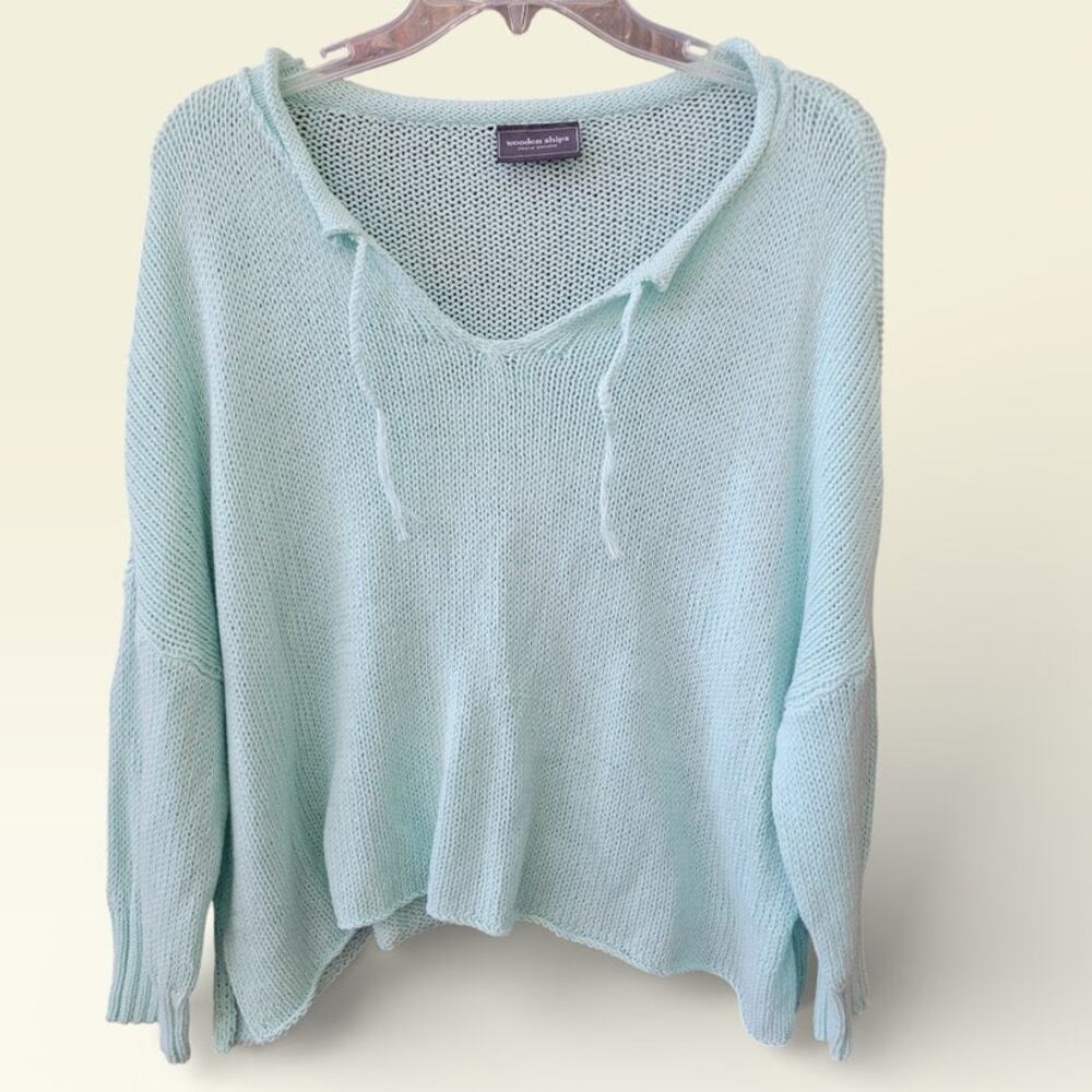 Wooden Ships Blue Cotton Sweater Small Slouchy Relaxed Fit Lightweight V-Neck